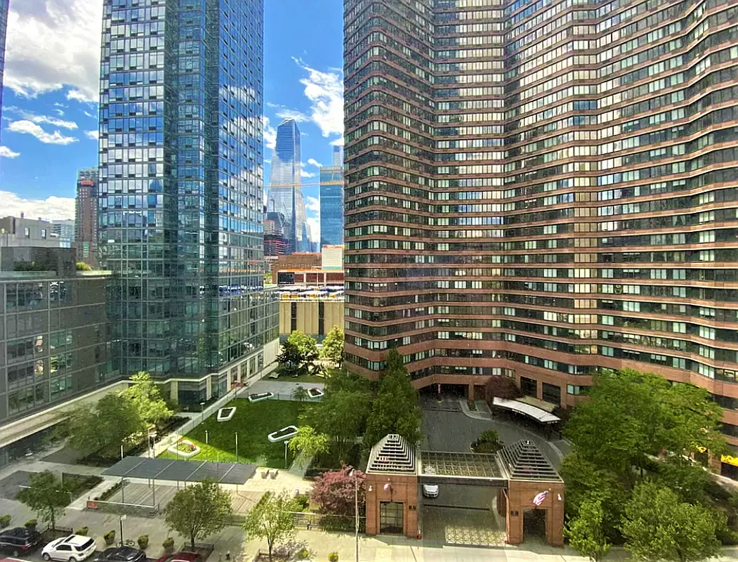 Thumbnail: Window view over landscaped plaza toward Midtown West towers and Hudson Yards