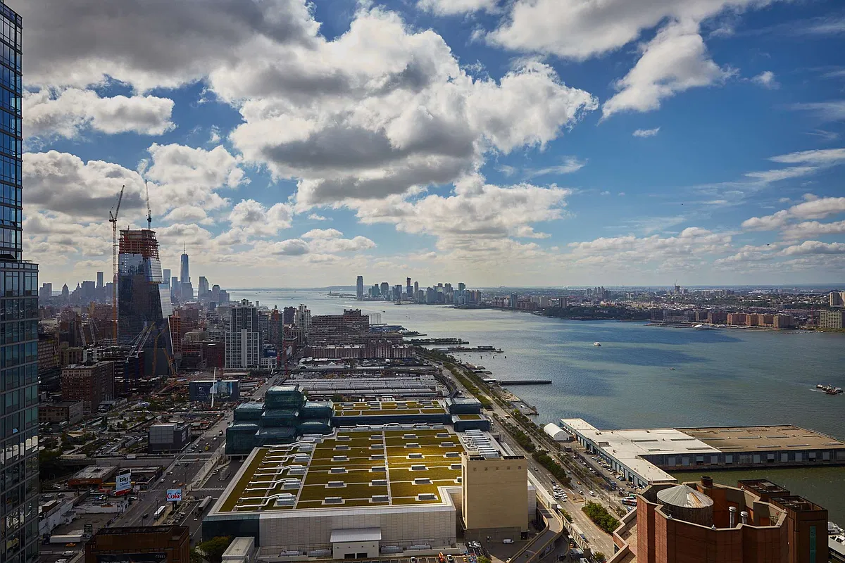 Thumbnail: High-floor view south over Hudson River piers, Hudson Yards and Lower Manhattan skyline