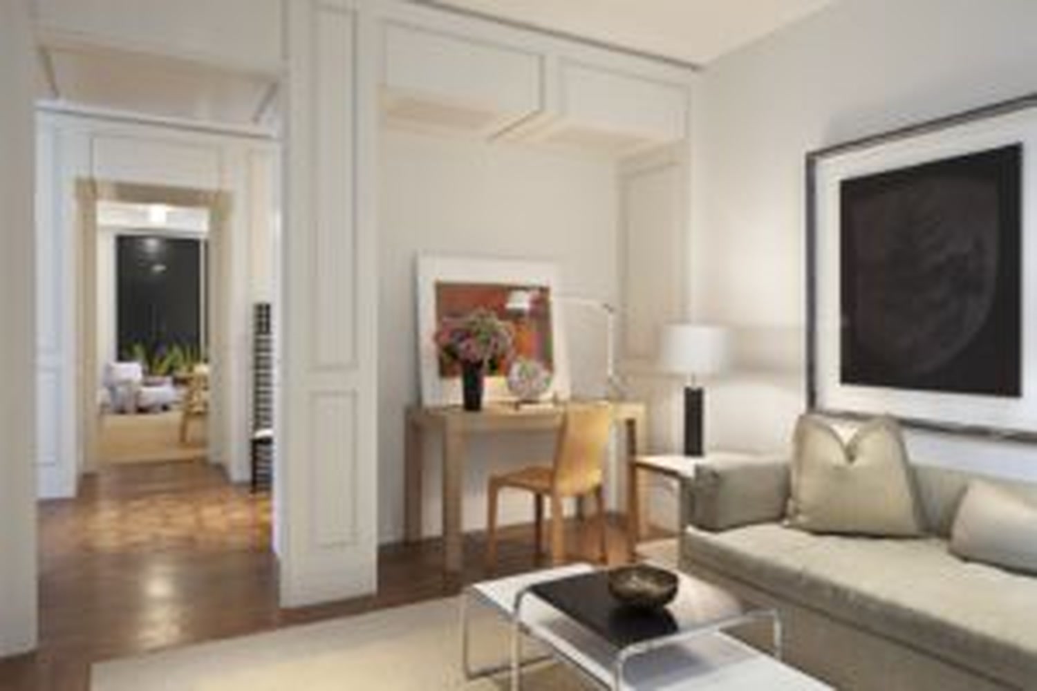 Thumbnail: Study corner with writing desk and view down the gallery into adjoining rooms