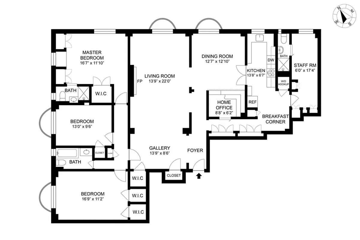 Floor plan of 780 West End Avenue #2A with living room, dining room, kitchen, home office, master bedroom, two bedrooms, staff room and three baths