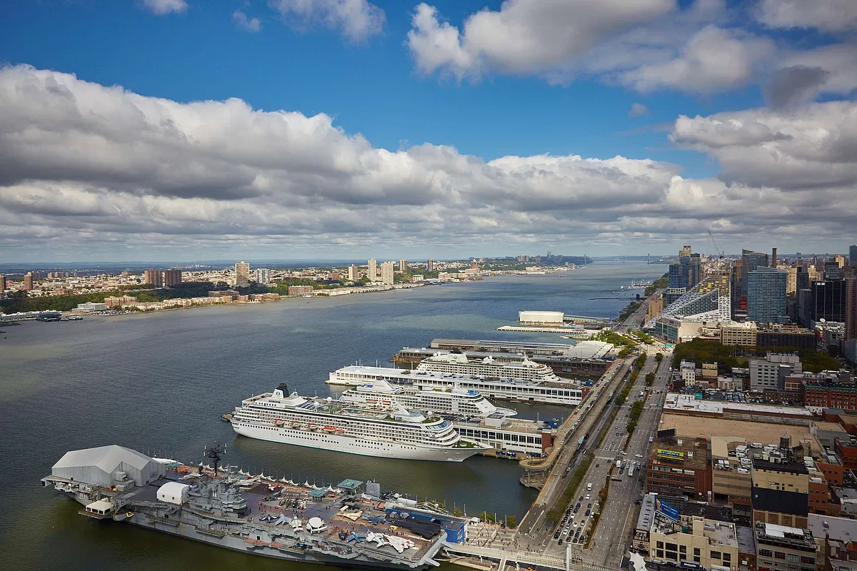 Thumbnail: High-floor view north over Hudson River cruise terminal, Intrepid and New Jersey shoreline