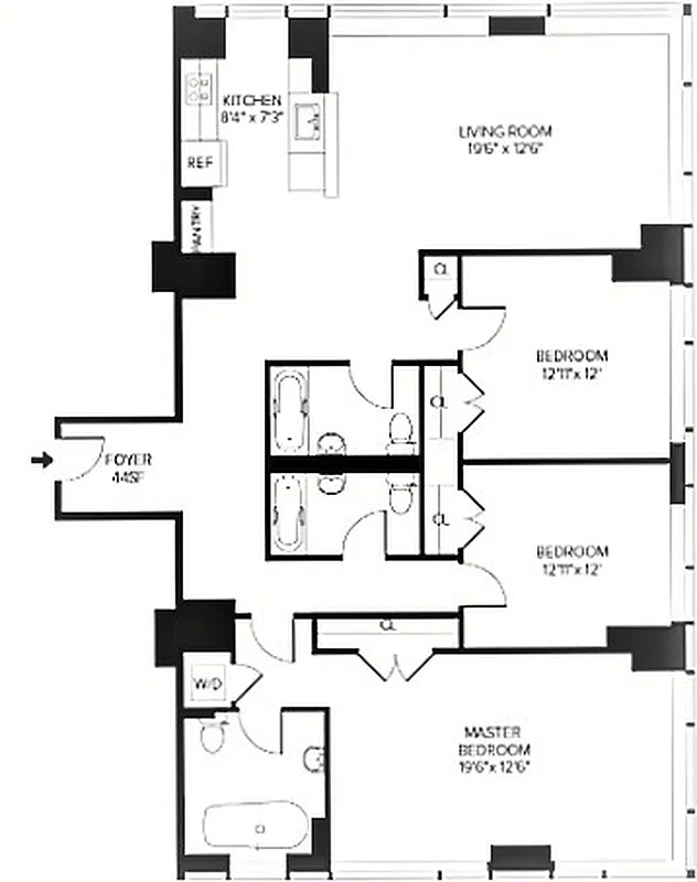 Floor plan of 635 West 42nd Street #18G with living room, kitchen, foyer, master bedroom and two bedrooms