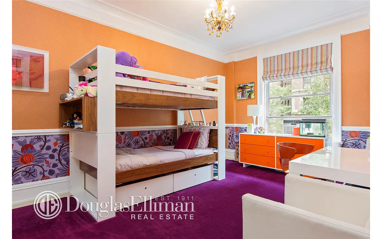 Thumbnail: Bedroom with orange walls, white bunk bed, purple carpet and striped window shade
