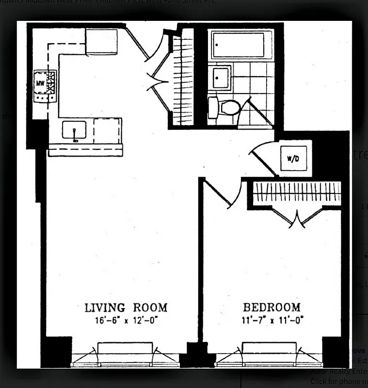 Floor plan of the Atelier one-bedroom with living room 16'6" x 12', bedroom 11'7" x 11', kitchen, bathroom and washer/dryer closet